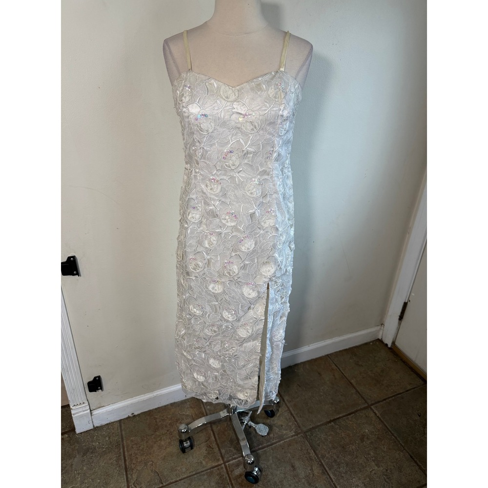 Vintage White Floral Lace Sequin Midi Dress Spaghetti Strap Side Slit Sheath